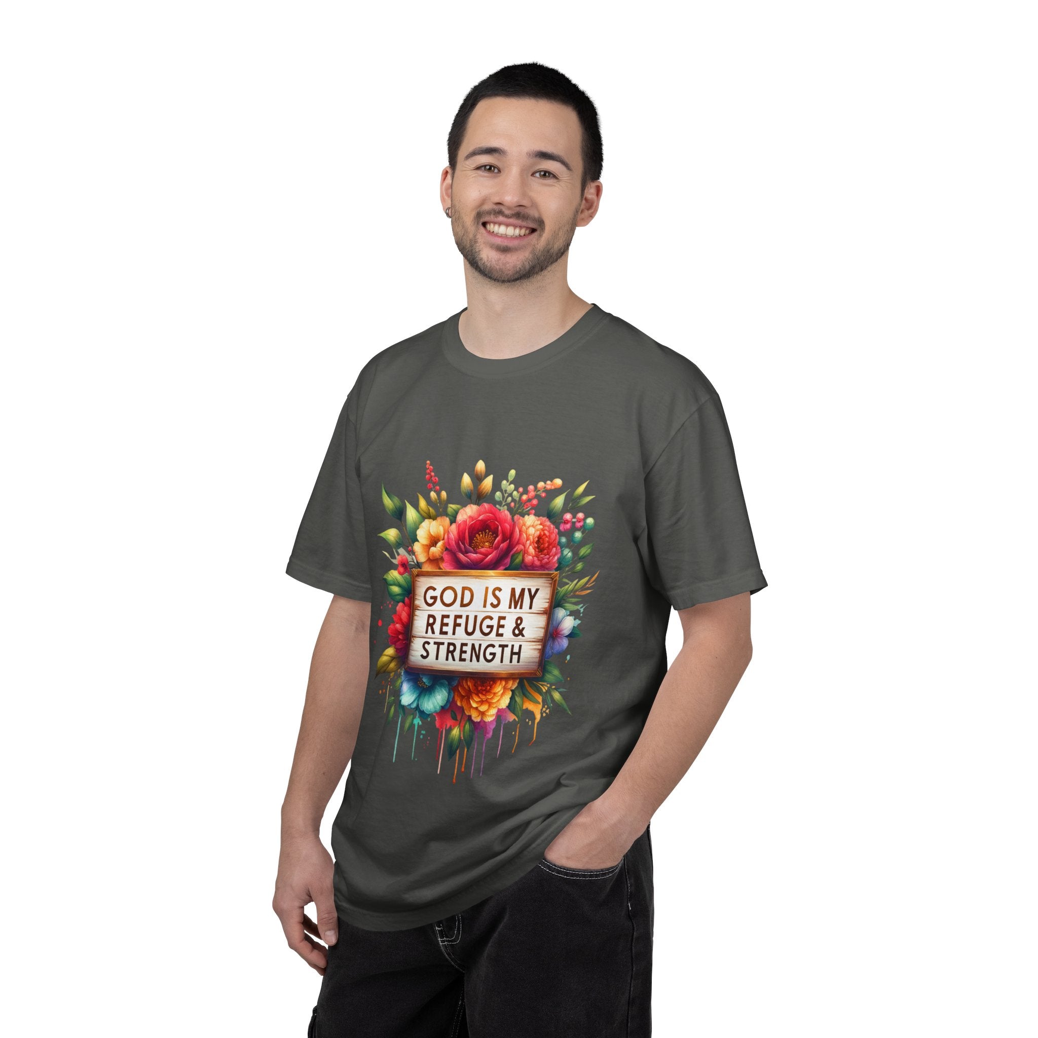 Christian Floral T-Shirt — "God Is My Refuge & Strength" Faith Tee