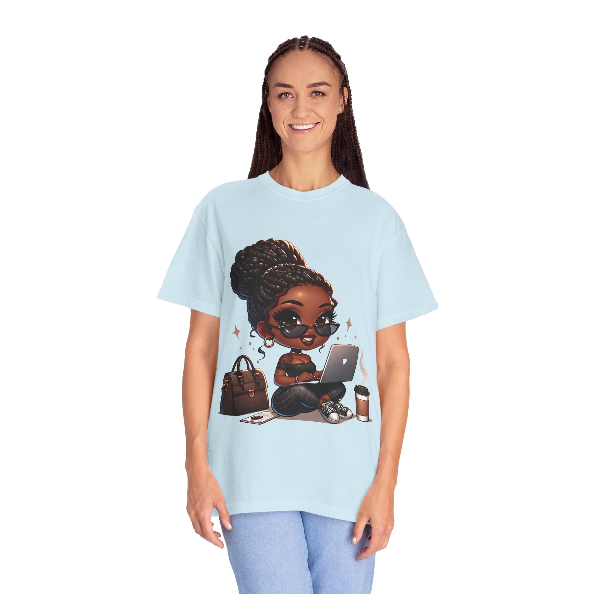 T-Shirt — Boss Babe Remote Worker Graphic Tee (Coffee, Laptop & Chic Accessories)