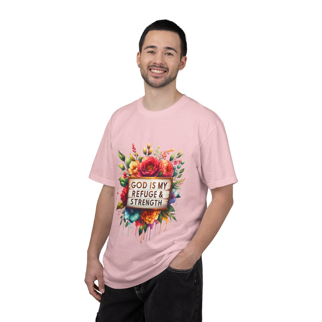 Christian Floral T-Shirt — "God Is My Refuge & Strength" Faith Tee