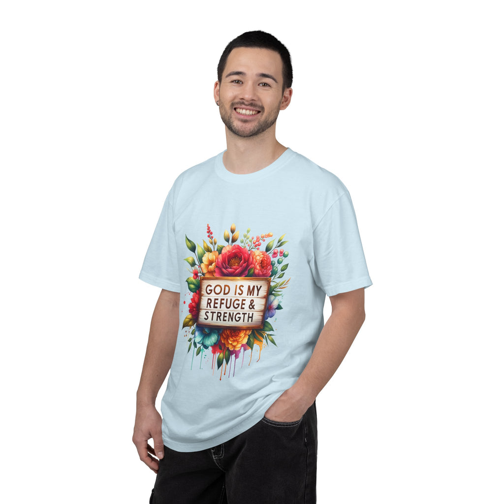 Christian Floral T-Shirt — "God Is My Refuge & Strength" Faith Tee