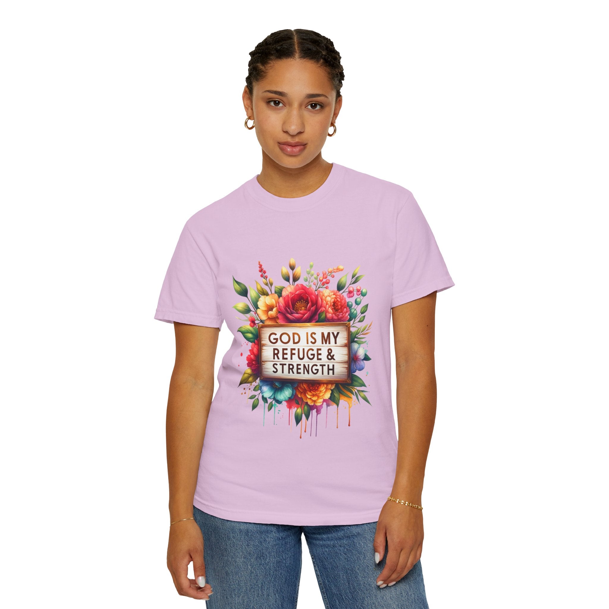 Christian Floral T-Shirt — "God Is My Refuge & Strength" Faith Tee