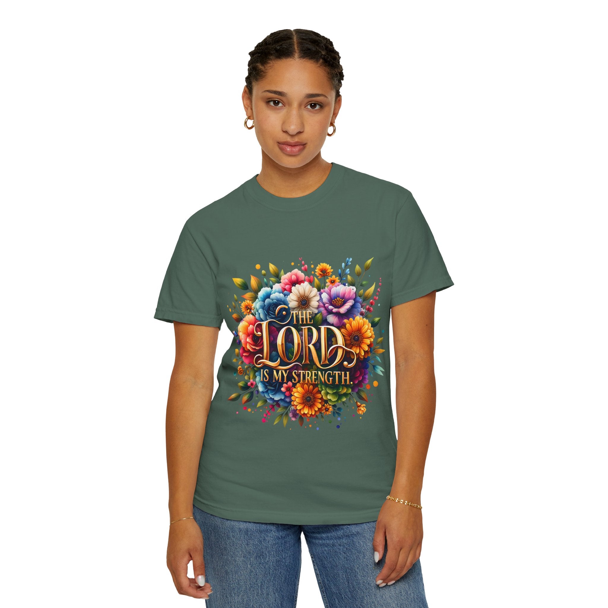 T-Shirt — "The Lord Is My Strength" Floral Christian Tee