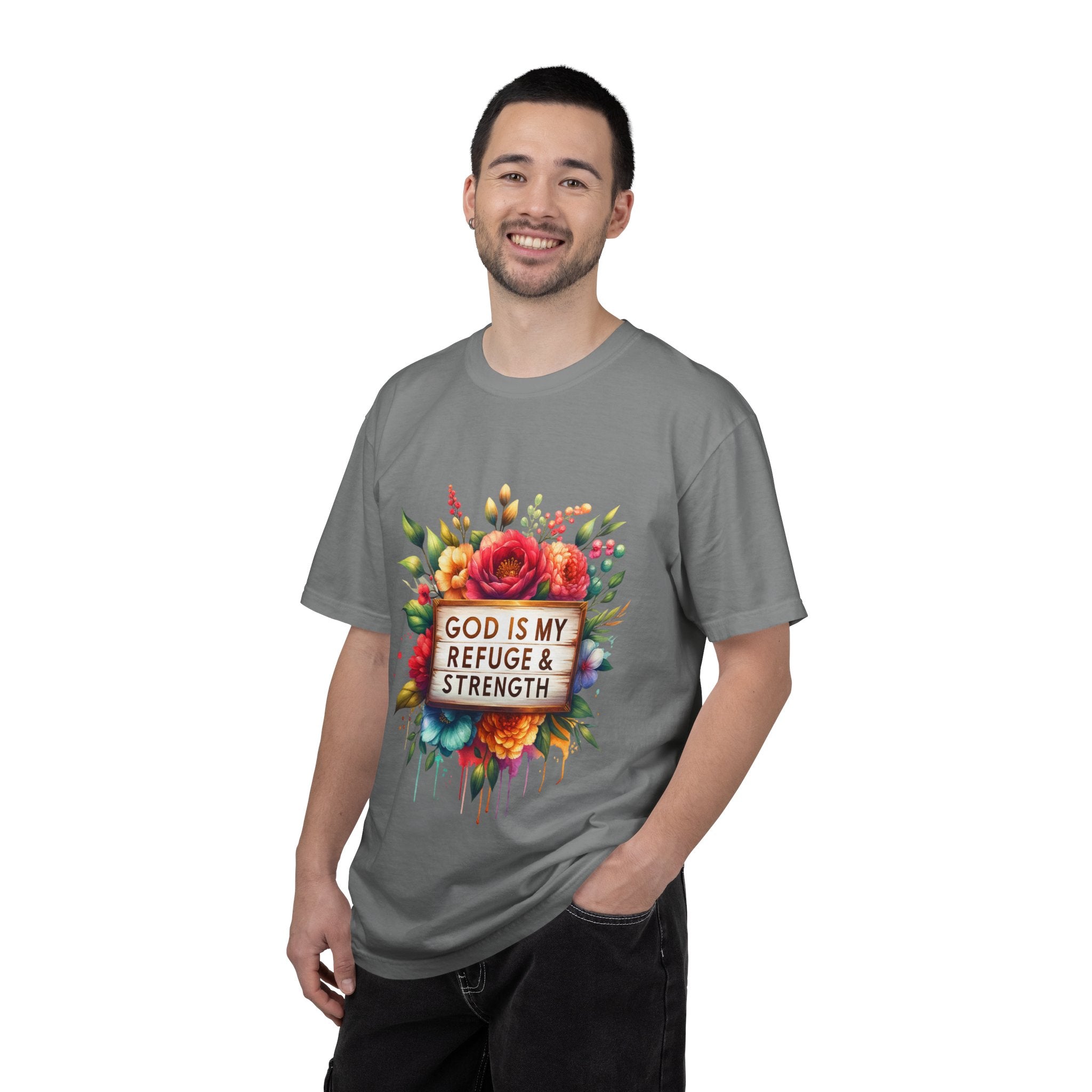 Christian Floral T-Shirt — "God Is My Refuge & Strength" Faith Tee