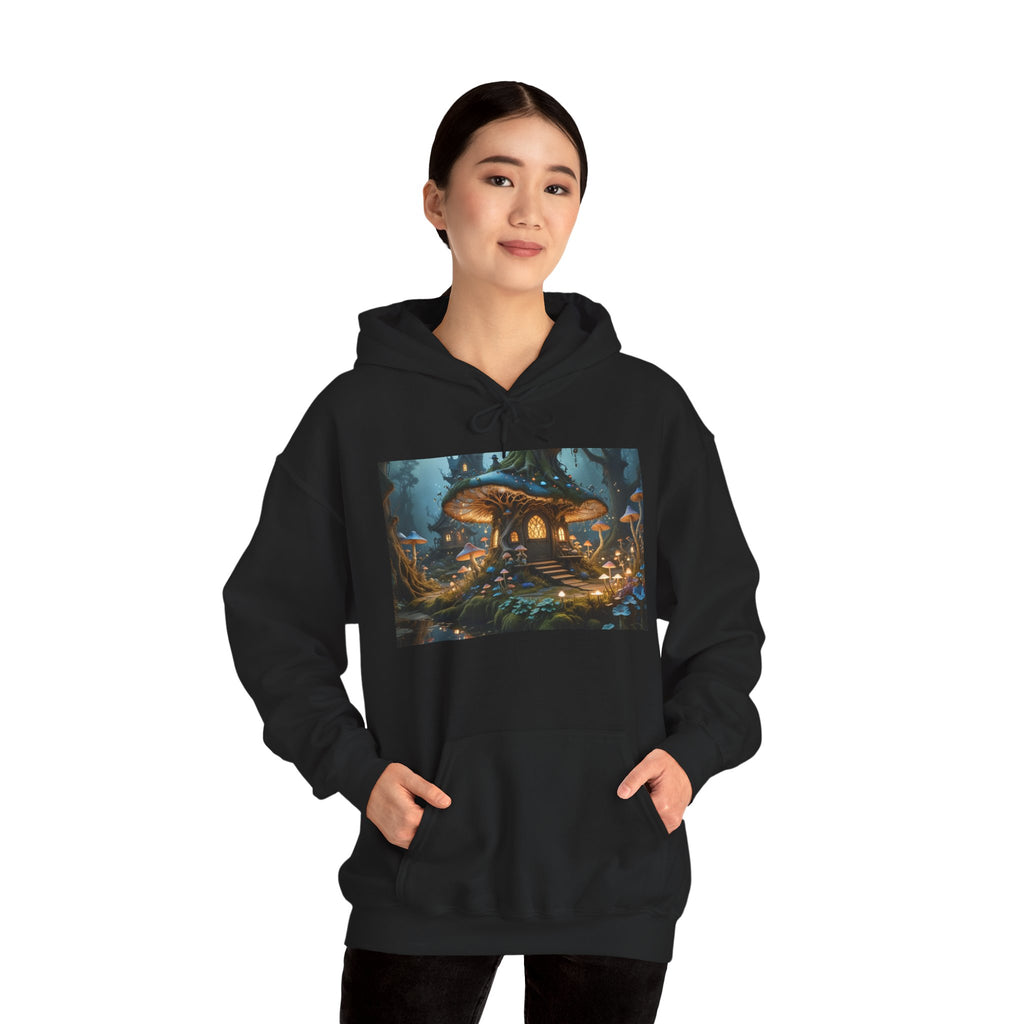 Hoodie — Enchanted Mushroom Cottage Illustration Hoodie