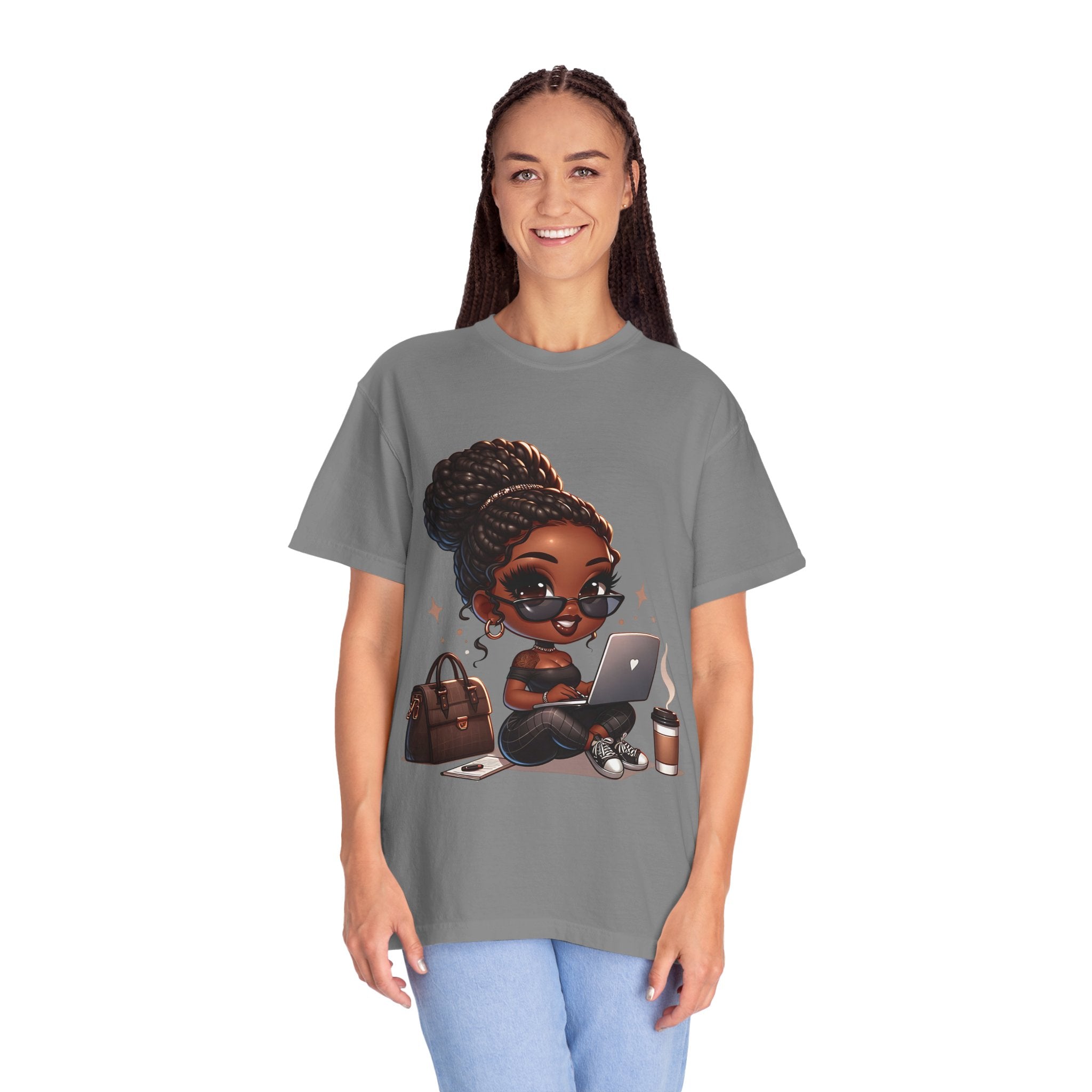 T-Shirt — Boss Babe Remote Worker Graphic Tee (Coffee, Laptop & Chic Accessories)