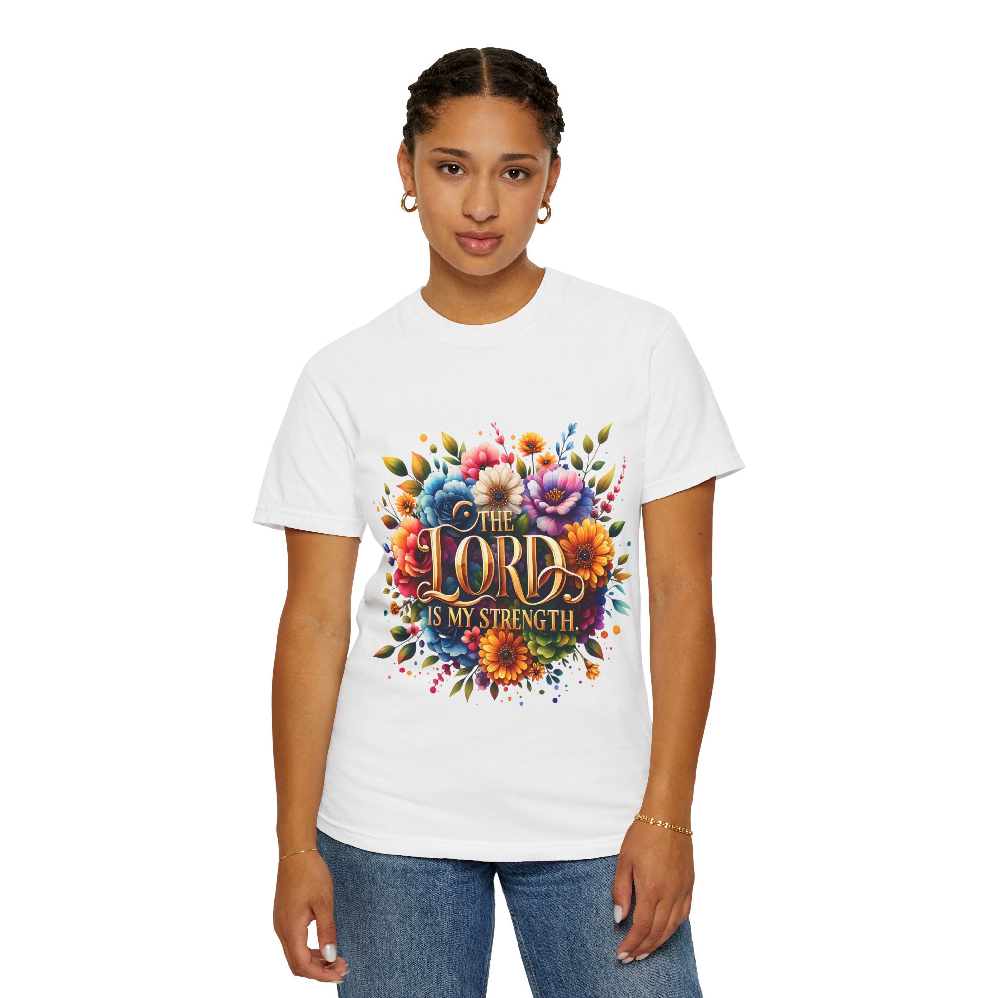 T-Shirt — "The Lord Is My Strength" Floral Christian Tee