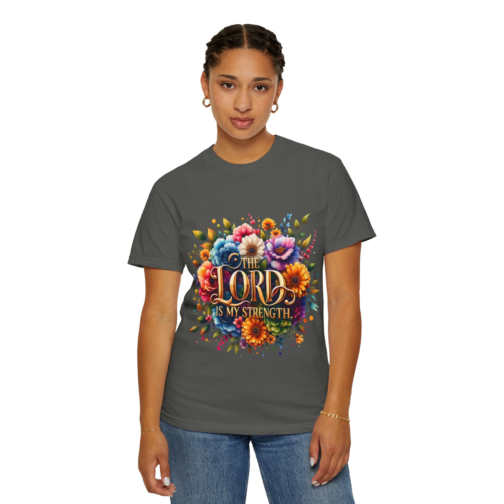 T-Shirt — "The Lord Is My Strength" Floral Christian Tee