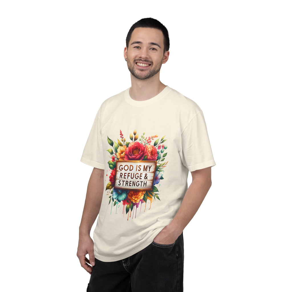 Christian Floral T-Shirt — "God Is My Refuge & Strength" Faith Tee