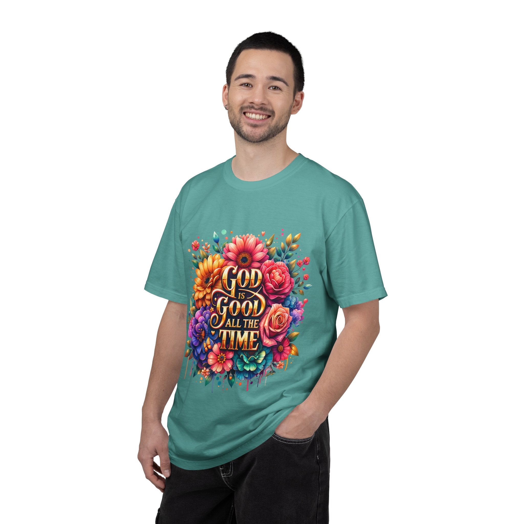 Christian T-Shirt — "God Is Good All The Time" Floral Faith Tee