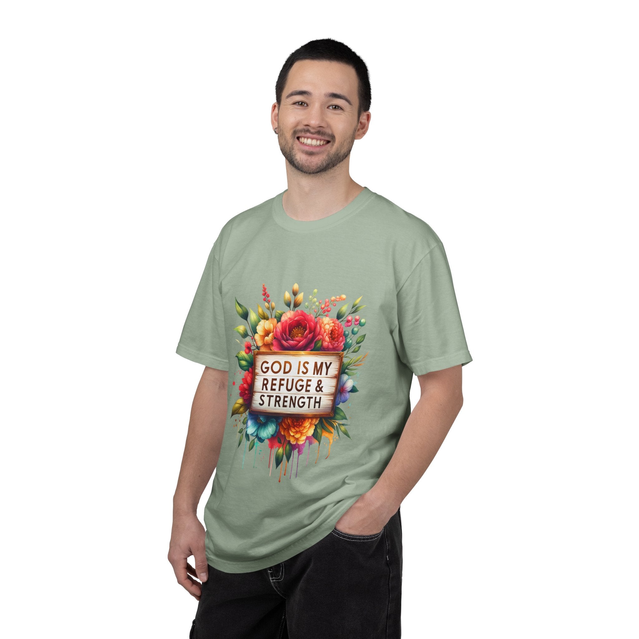 Christian Floral T-Shirt — "God Is My Refuge & Strength" Faith Tee