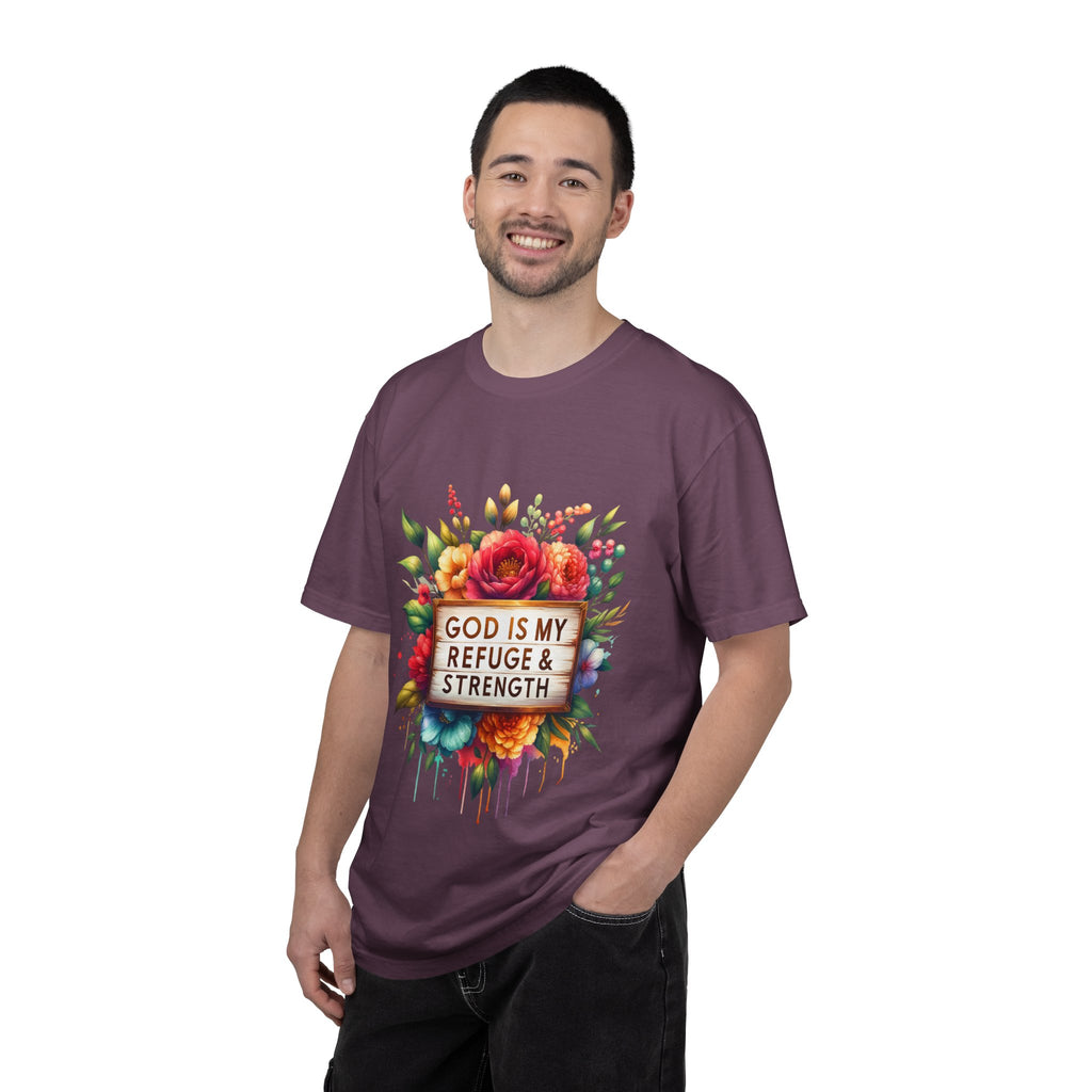 Christian Floral T-Shirt — "God Is My Refuge & Strength" Faith Tee