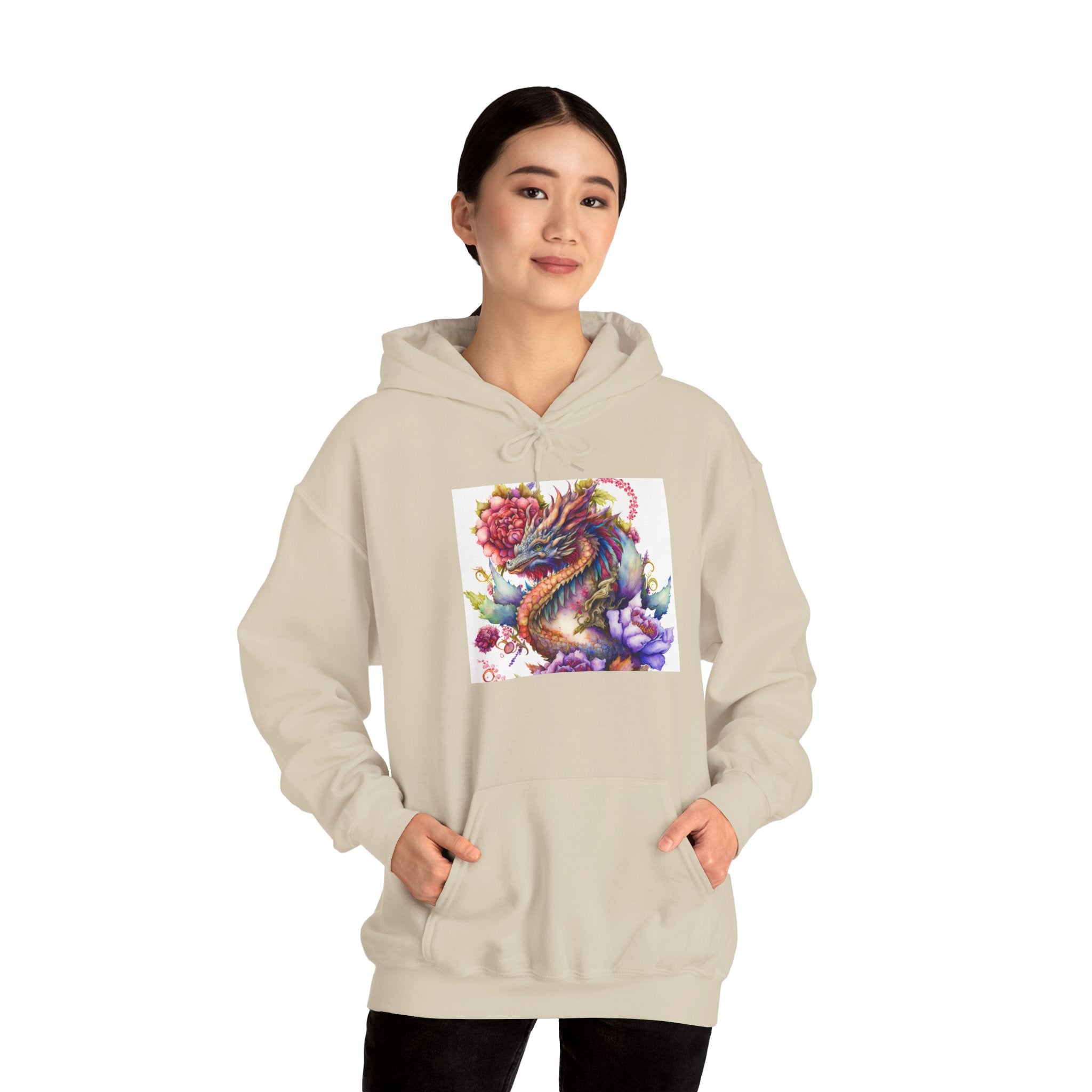 Dragon Floral Hoodie - Colorful Watercolor Dragon Illustration Hoodie