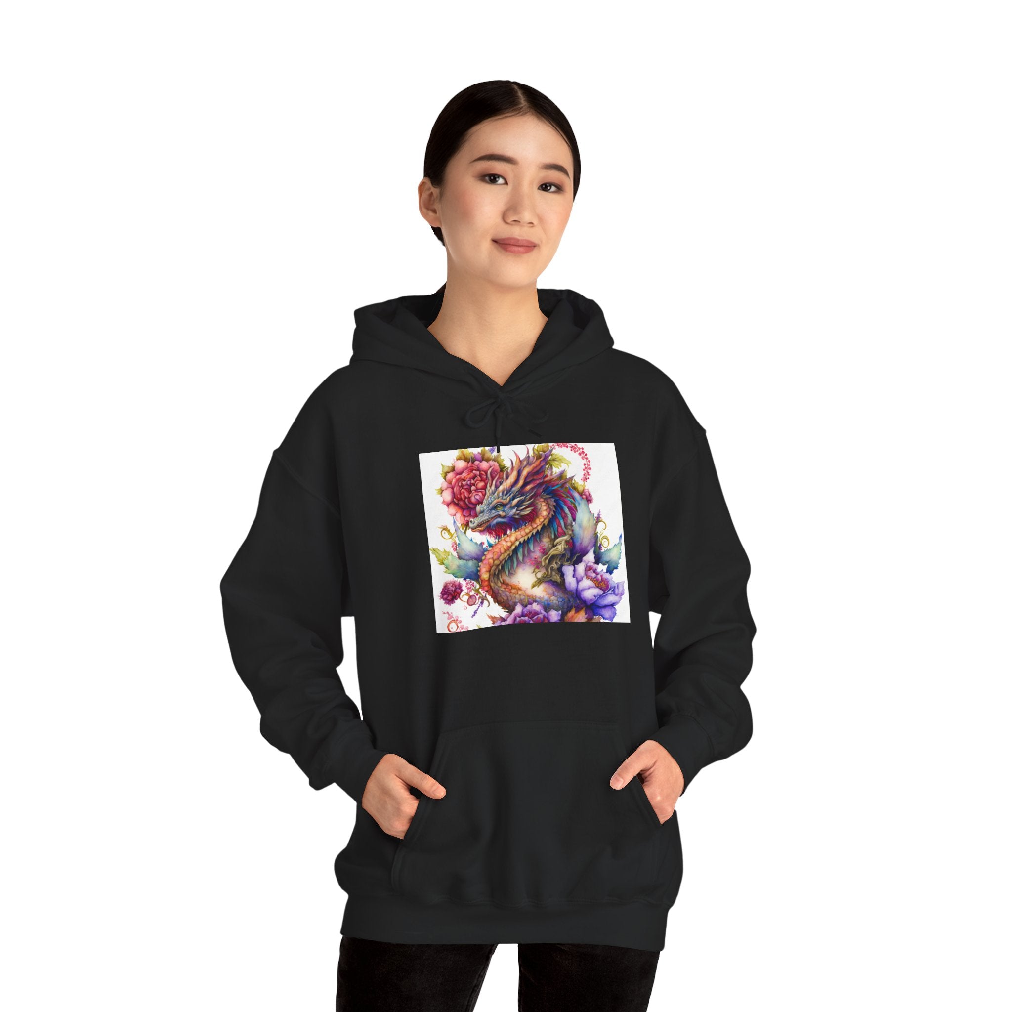 Dragon Floral Hoodie - Colorful Watercolor Dragon Illustration Hoodie