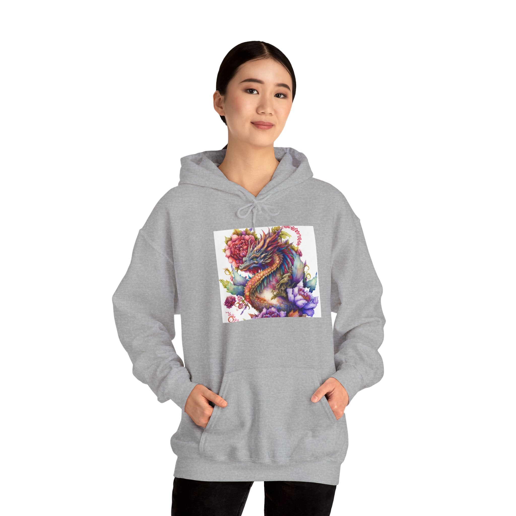 Dragon Floral Hoodie - Colorful Watercolor Dragon Illustration Hoodie