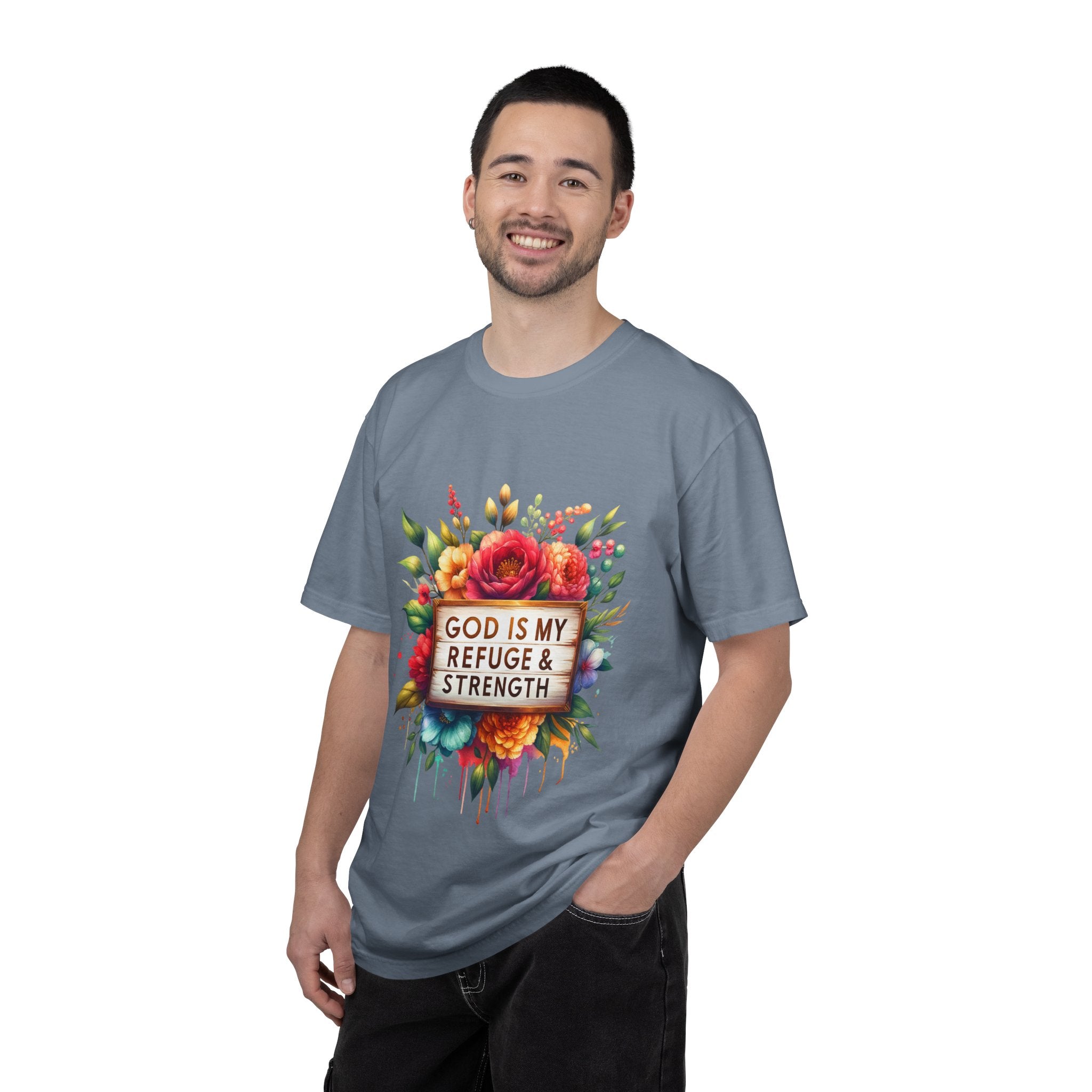 Christian Floral T-Shirt — "God Is My Refuge & Strength" Faith Tee