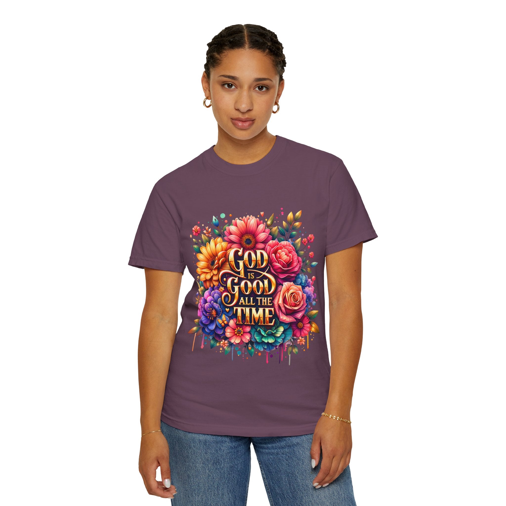 Christian T-Shirt — "God Is Good All The Time" Floral Faith Tee