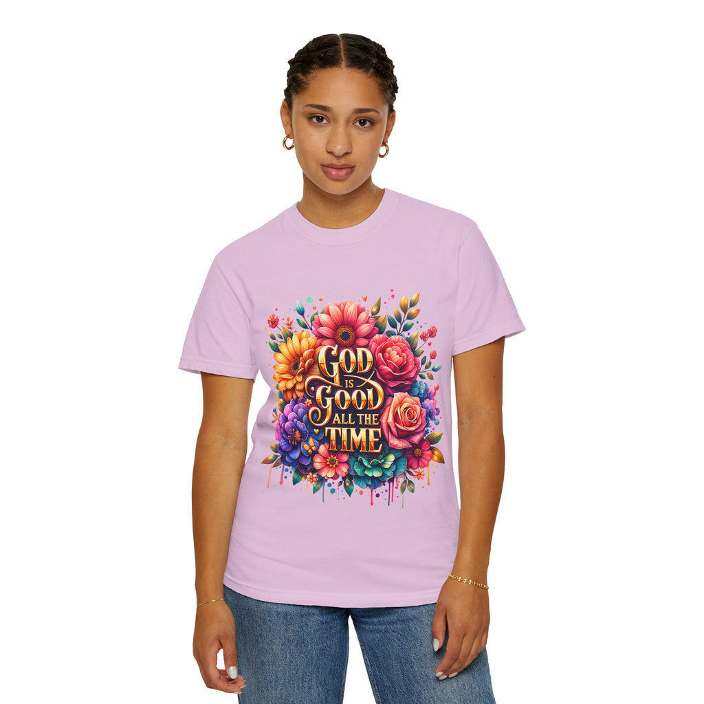 Christian T-Shirt — "God Is Good All The Time" Floral Faith Tee