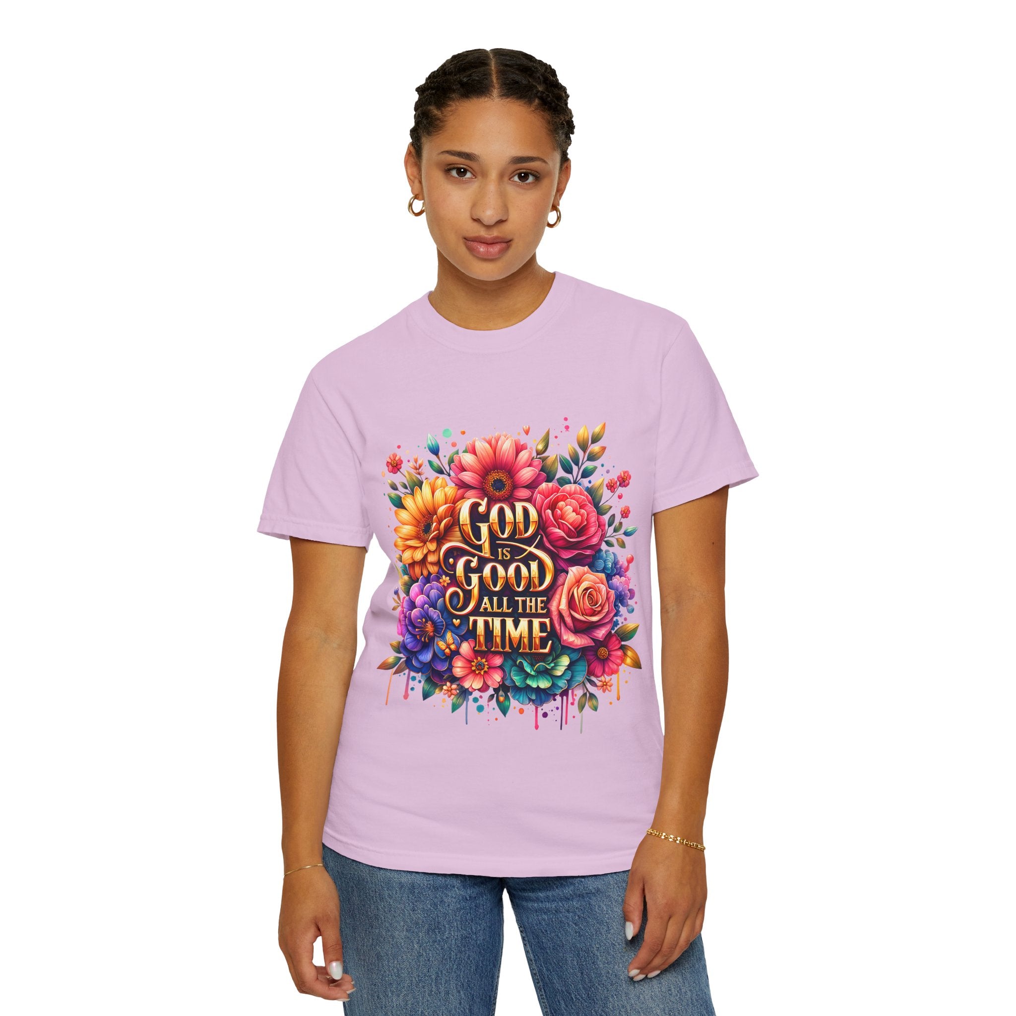 Christian T-Shirt — "God Is Good All The Time" Floral Faith Tee