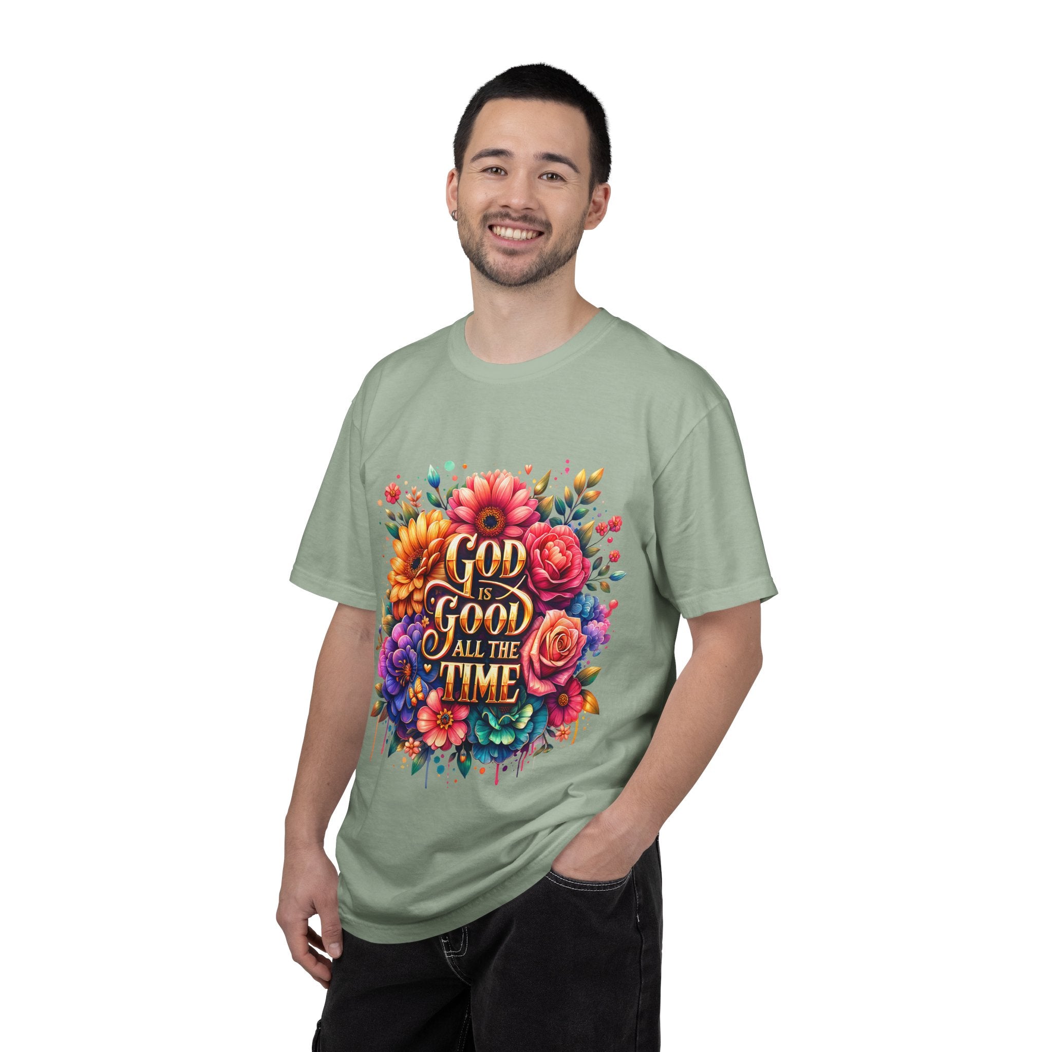 Christian T-Shirt — "God Is Good All The Time" Floral Faith Tee