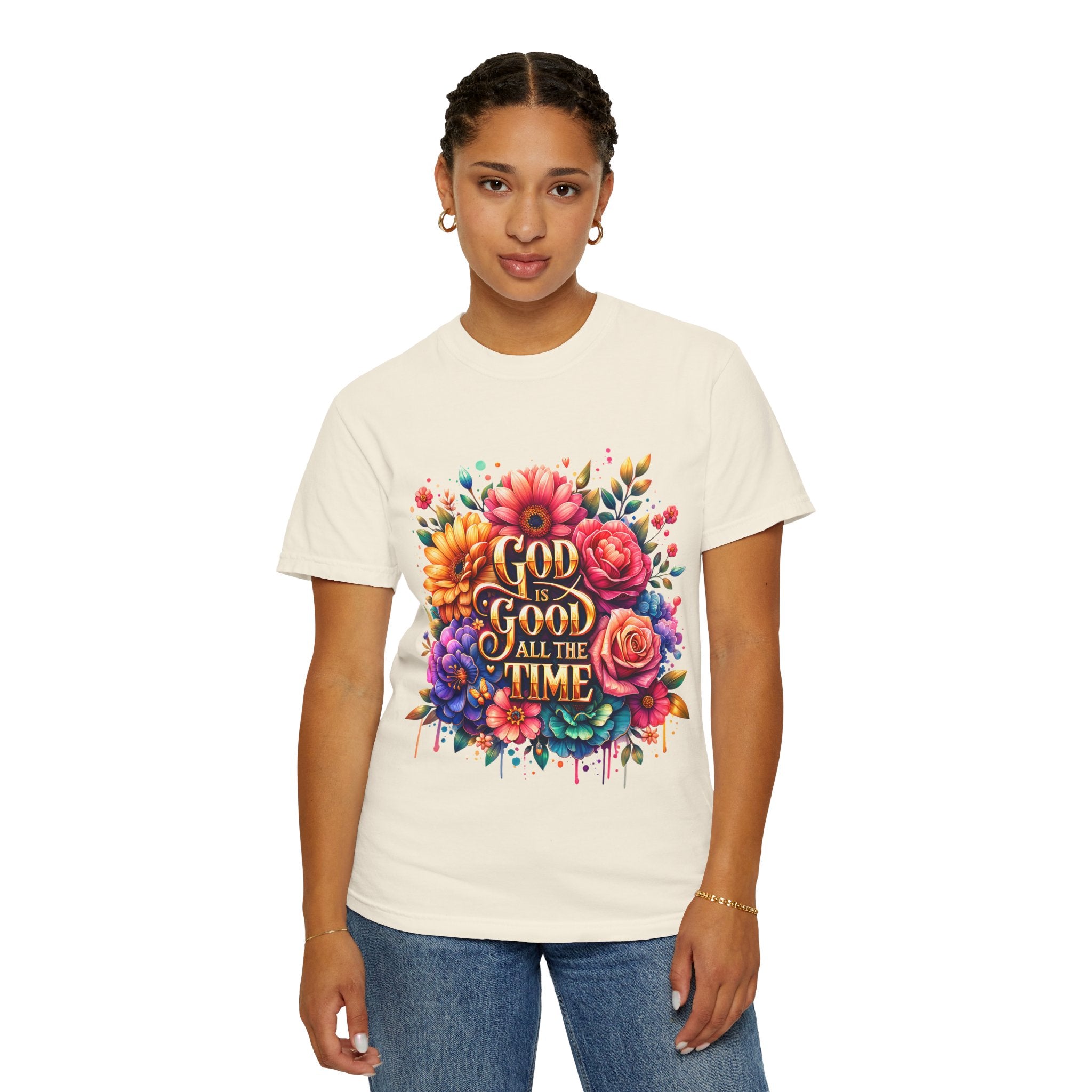 Christian T-Shirt — "God Is Good All The Time" Floral Faith Tee