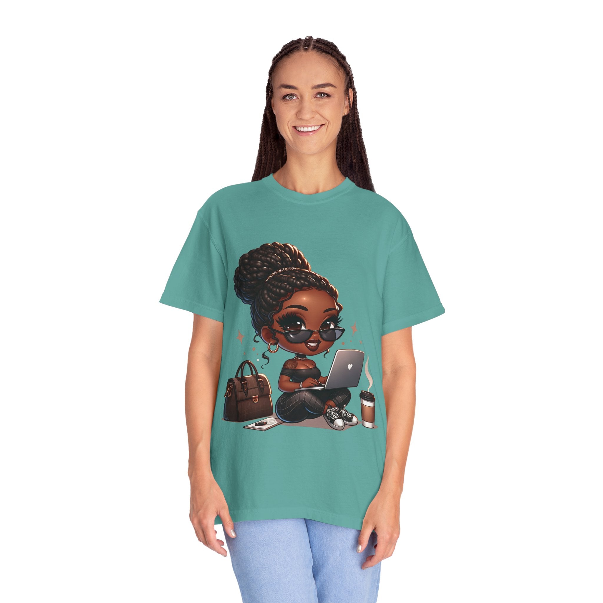 T-Shirt — Boss Babe Remote Worker Graphic Tee (Coffee, Laptop & Chic Accessories)