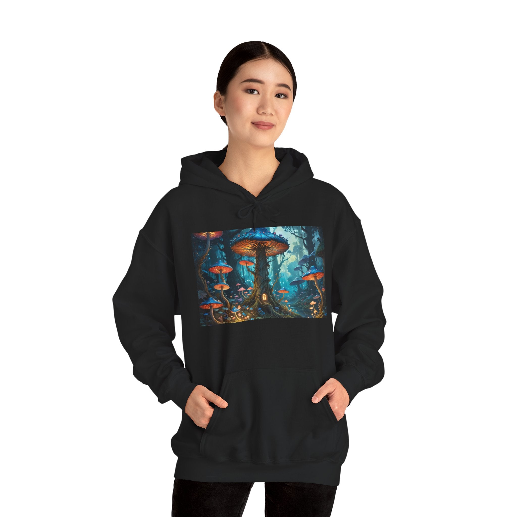Fantasy Mushroom Forest Hoodie — Glowing Enchanted Fungi Artwork
