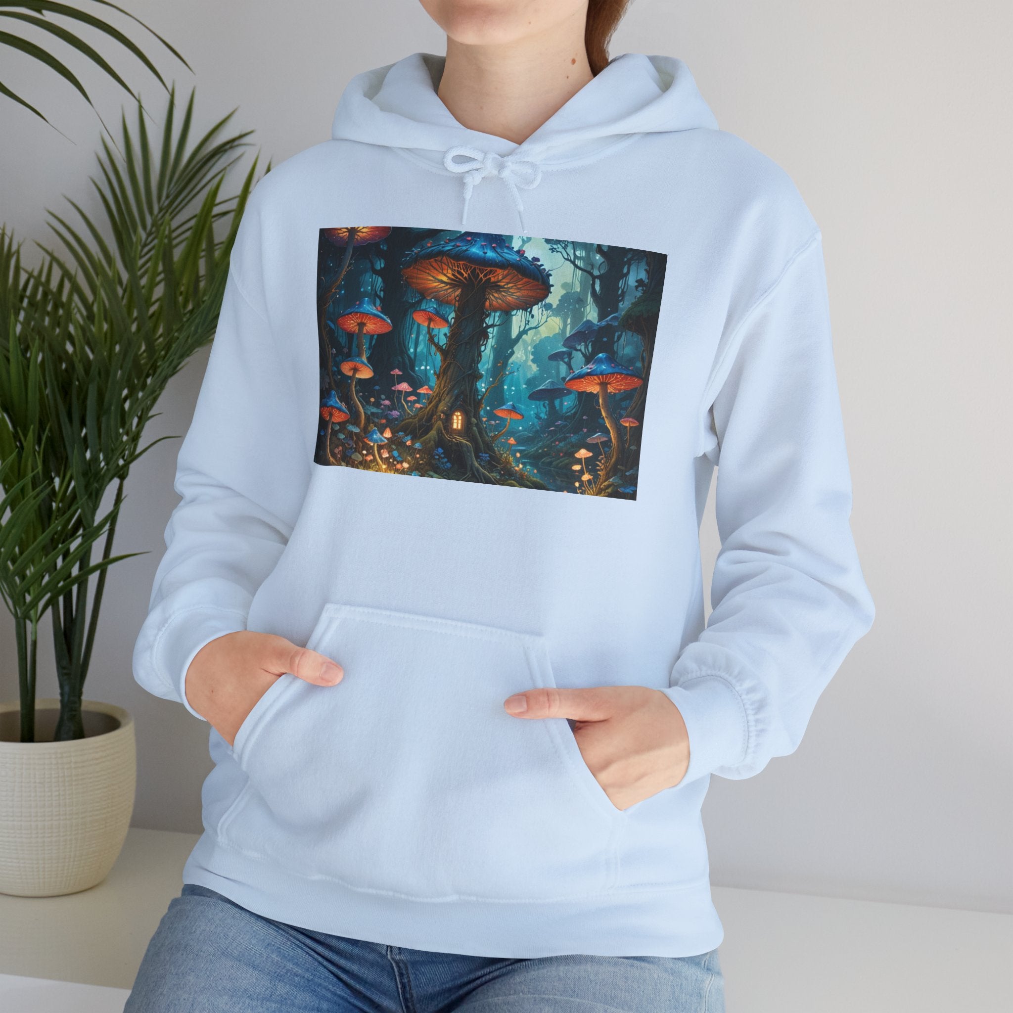 Fantasy Mushroom Forest Hoodie — Glowing Enchanted Fungi Artwork