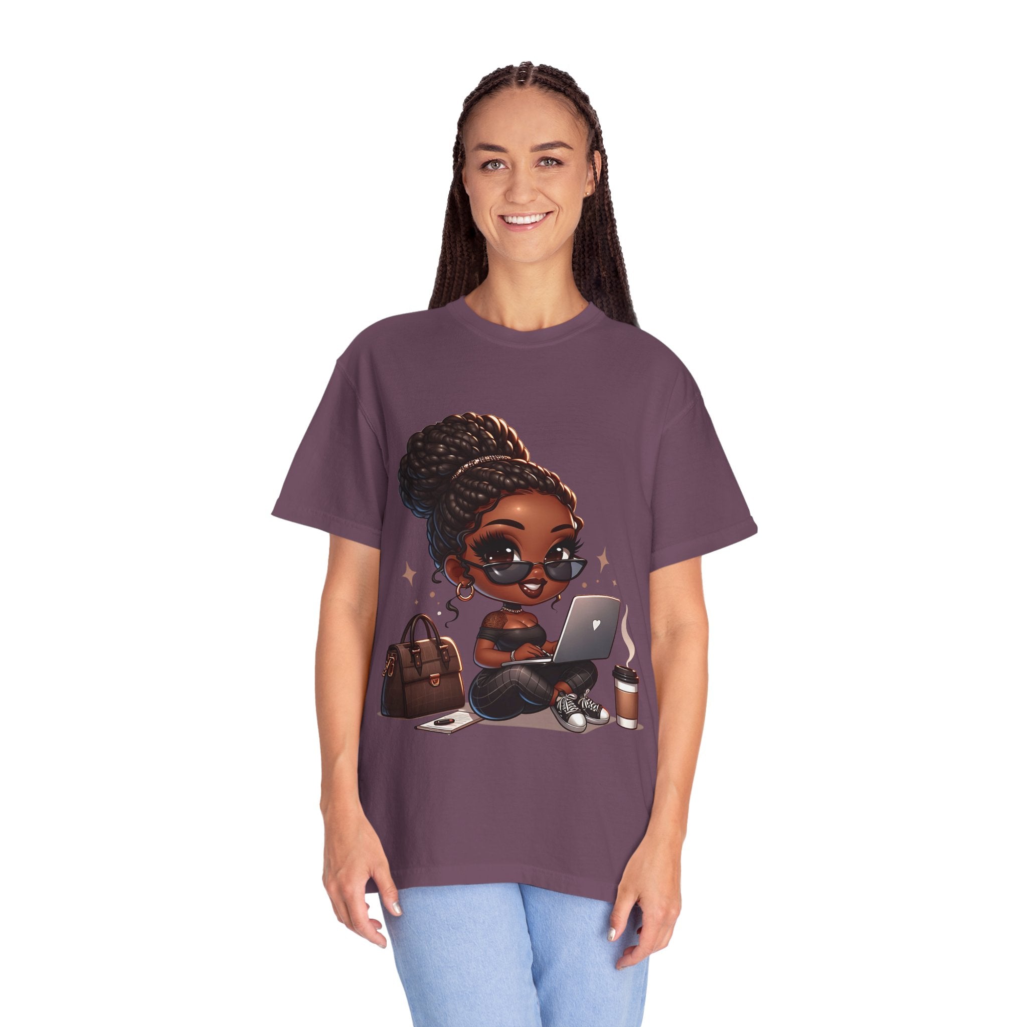 T-Shirt — Boss Babe Remote Worker Graphic Tee (Coffee, Laptop & Chic Accessories)