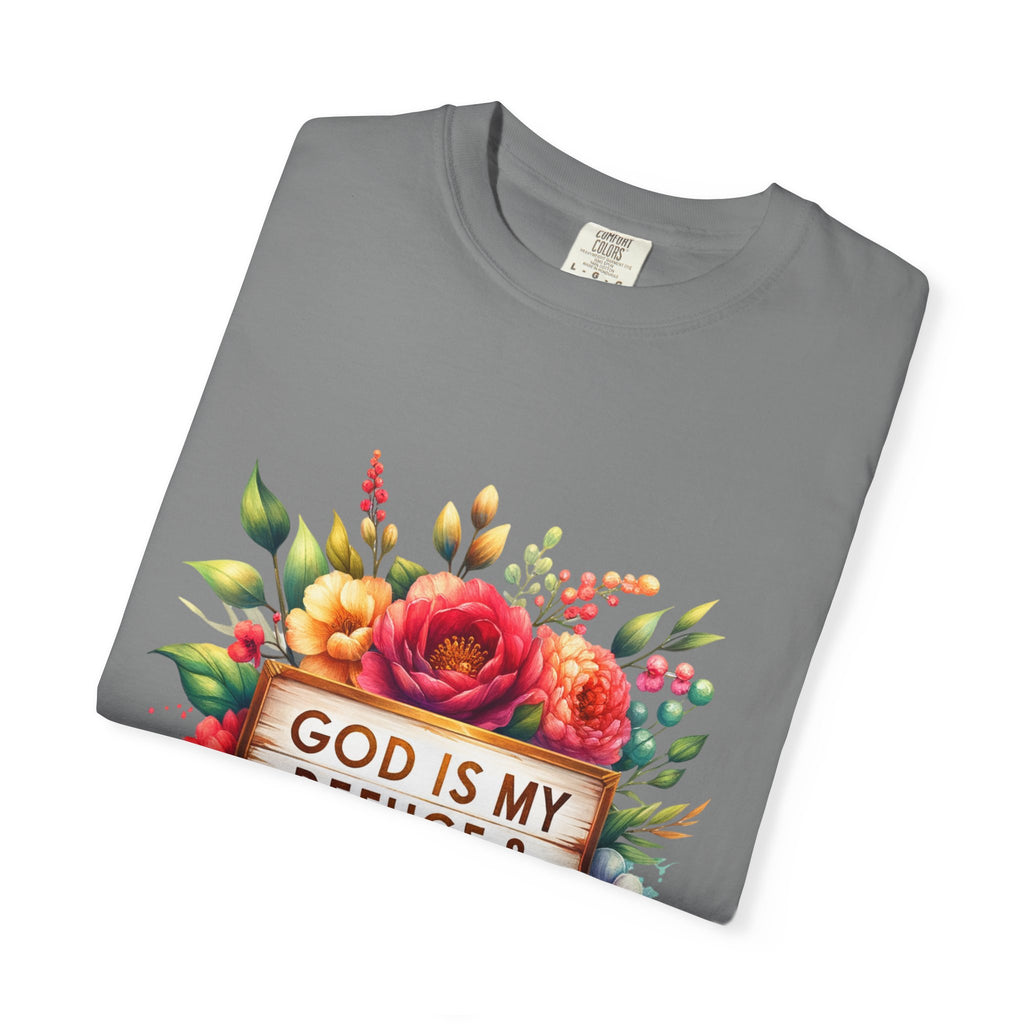 Christian Floral T-Shirt — "God Is My Refuge & Strength" Faith Tee