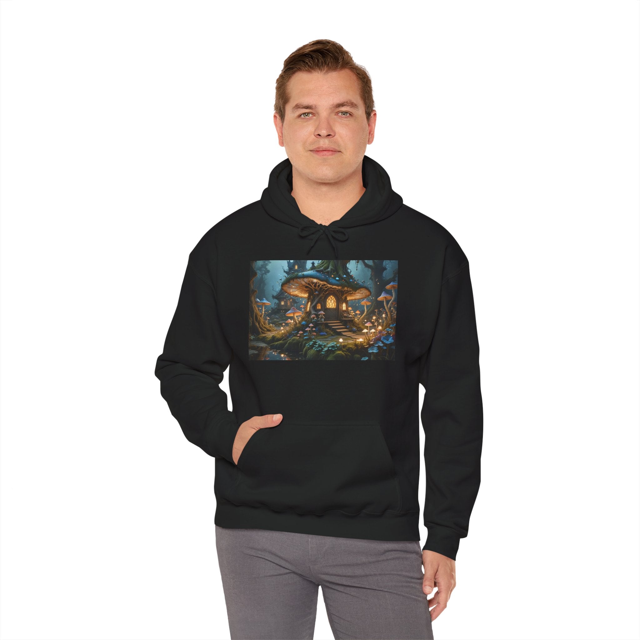 Hoodie — Enchanted Mushroom Cottage Illustration Hoodie