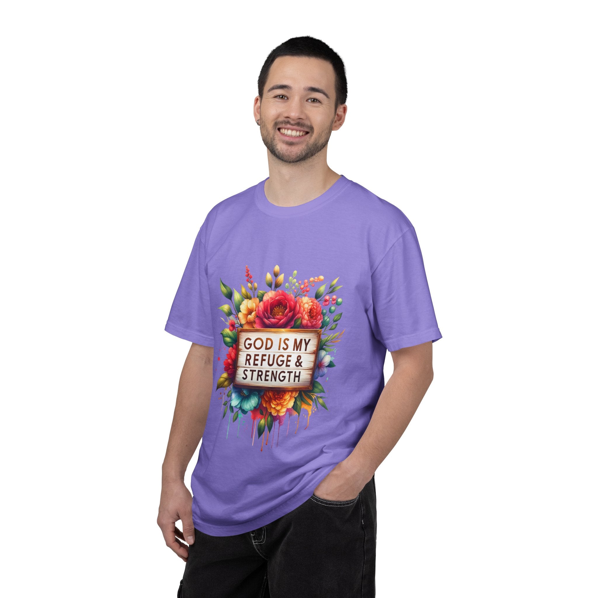 Christian Floral T-Shirt — "God Is My Refuge & Strength" Faith Tee