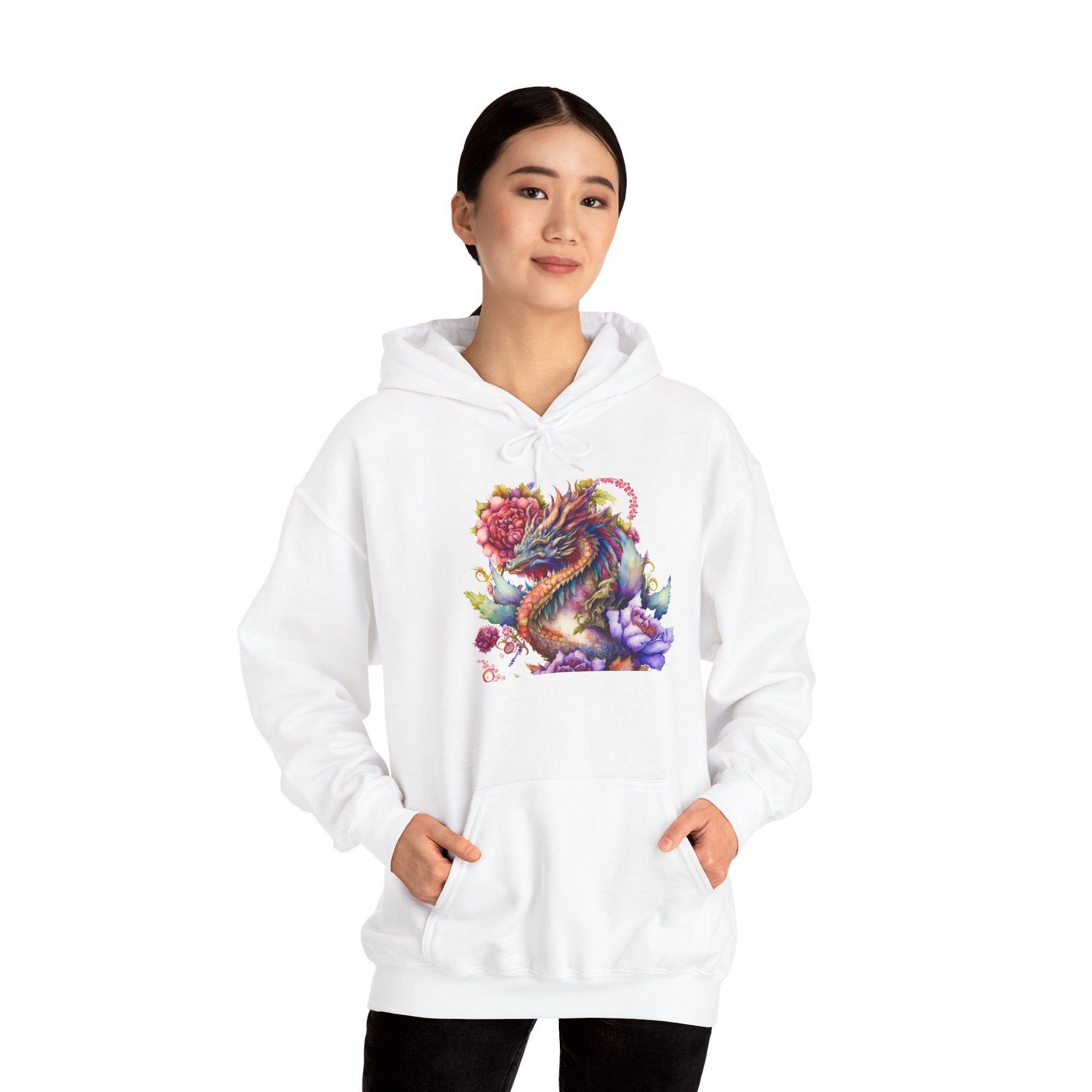 Dragon Floral Hoodie - Colorful Watercolor Dragon Illustration Hoodie