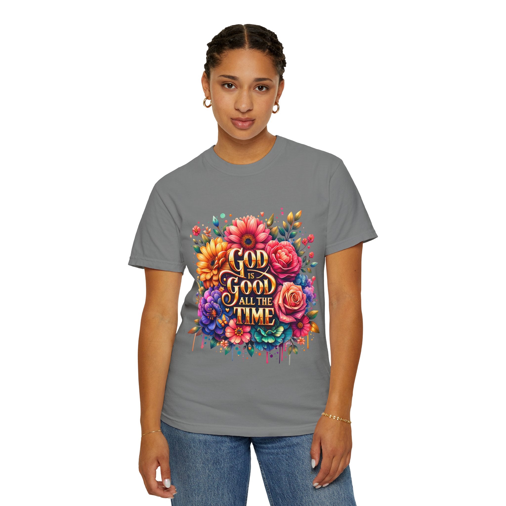 Christian T-Shirt — "God Is Good All The Time" Floral Faith Tee