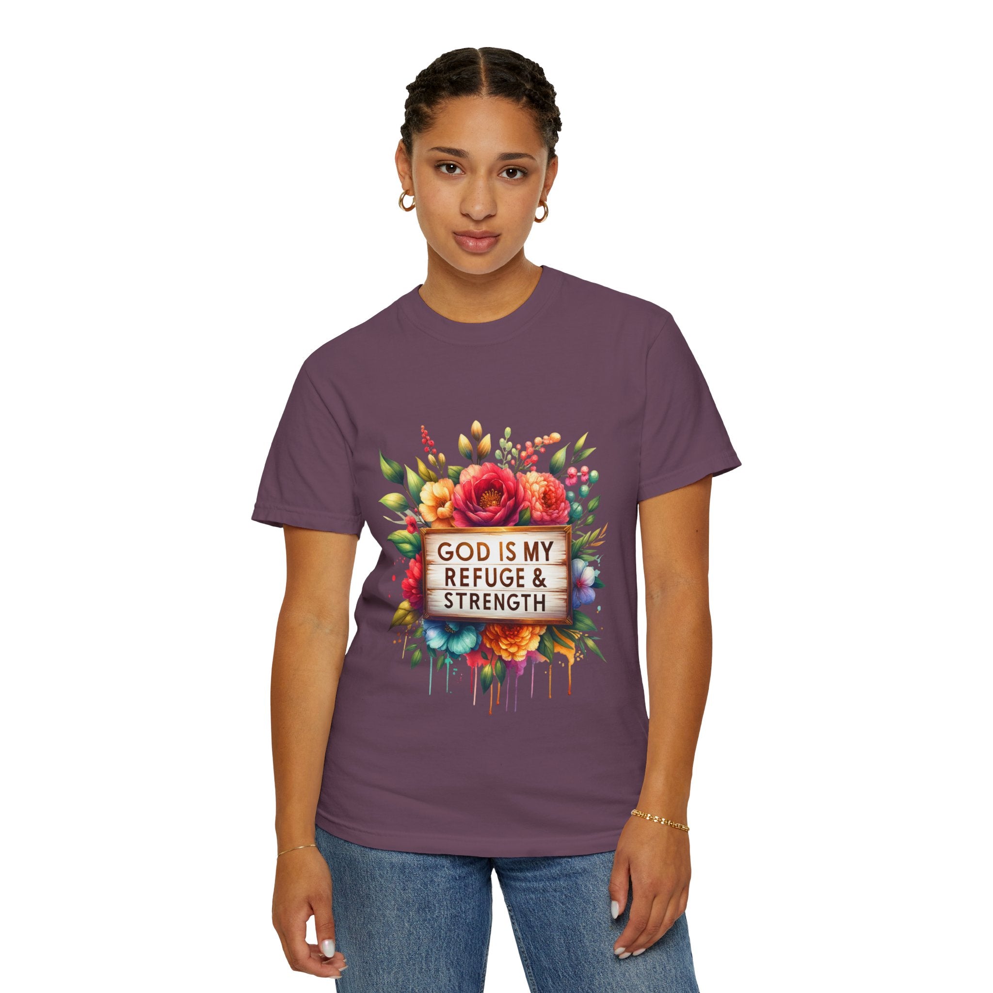 Christian Floral T-Shirt — "God Is My Refuge & Strength" Faith Tee