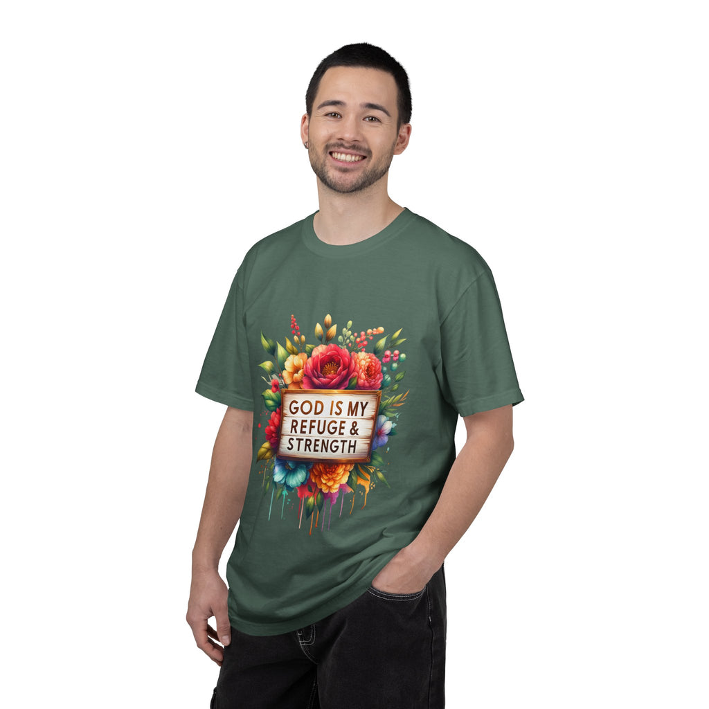 Christian Floral T-Shirt — "God Is My Refuge & Strength" Faith Tee