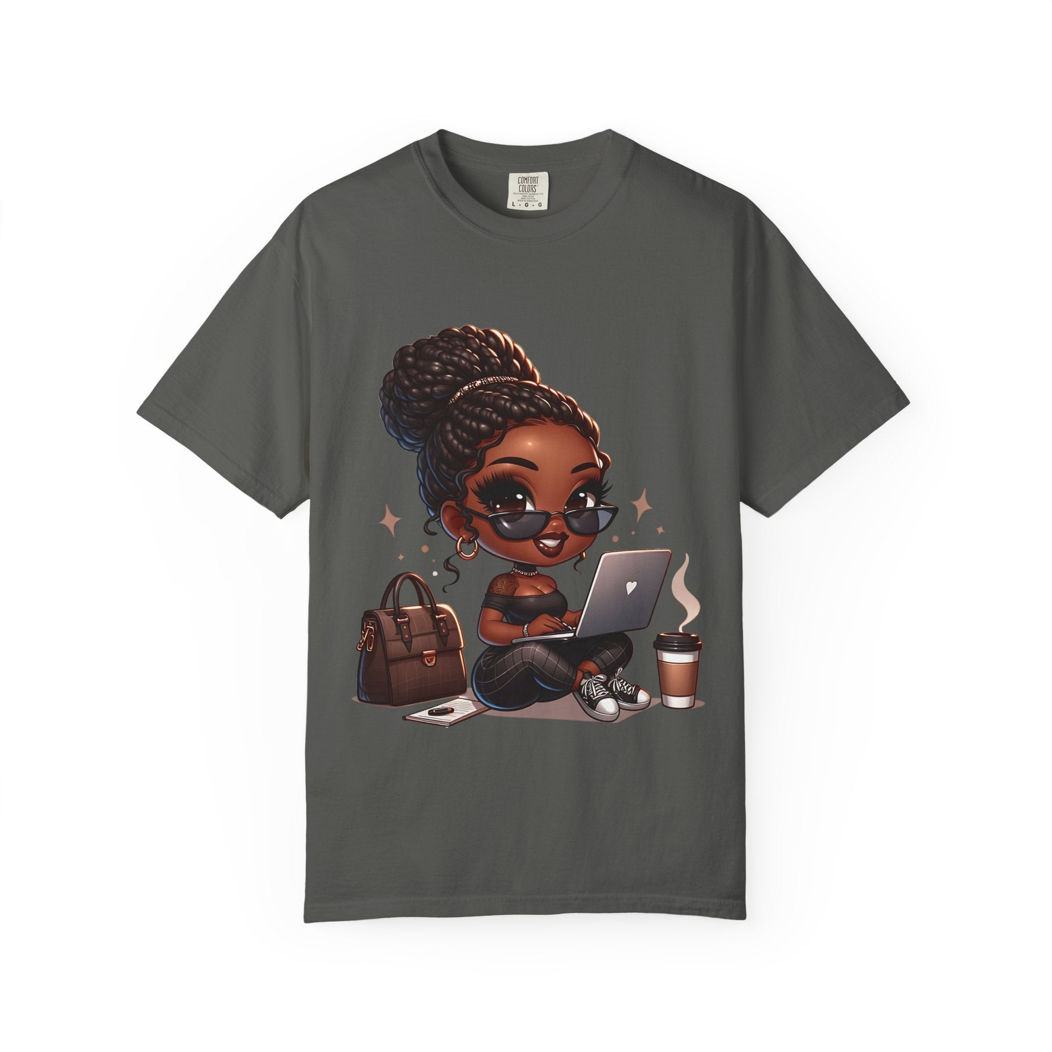 T-Shirt — Boss Babe Remote Worker Graphic Tee (Coffee, Laptop & Chic Accessories)