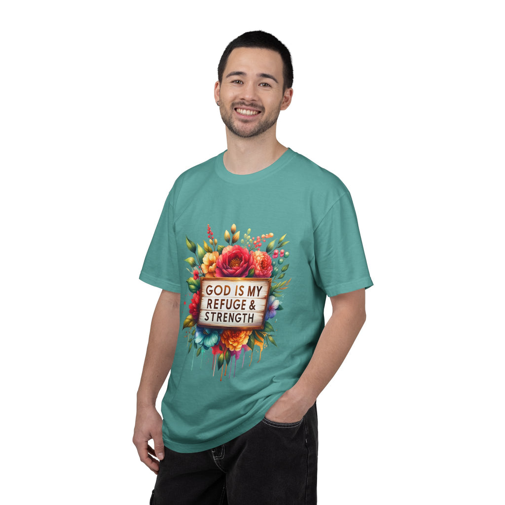 Christian Floral T-Shirt — "God Is My Refuge & Strength" Faith Tee