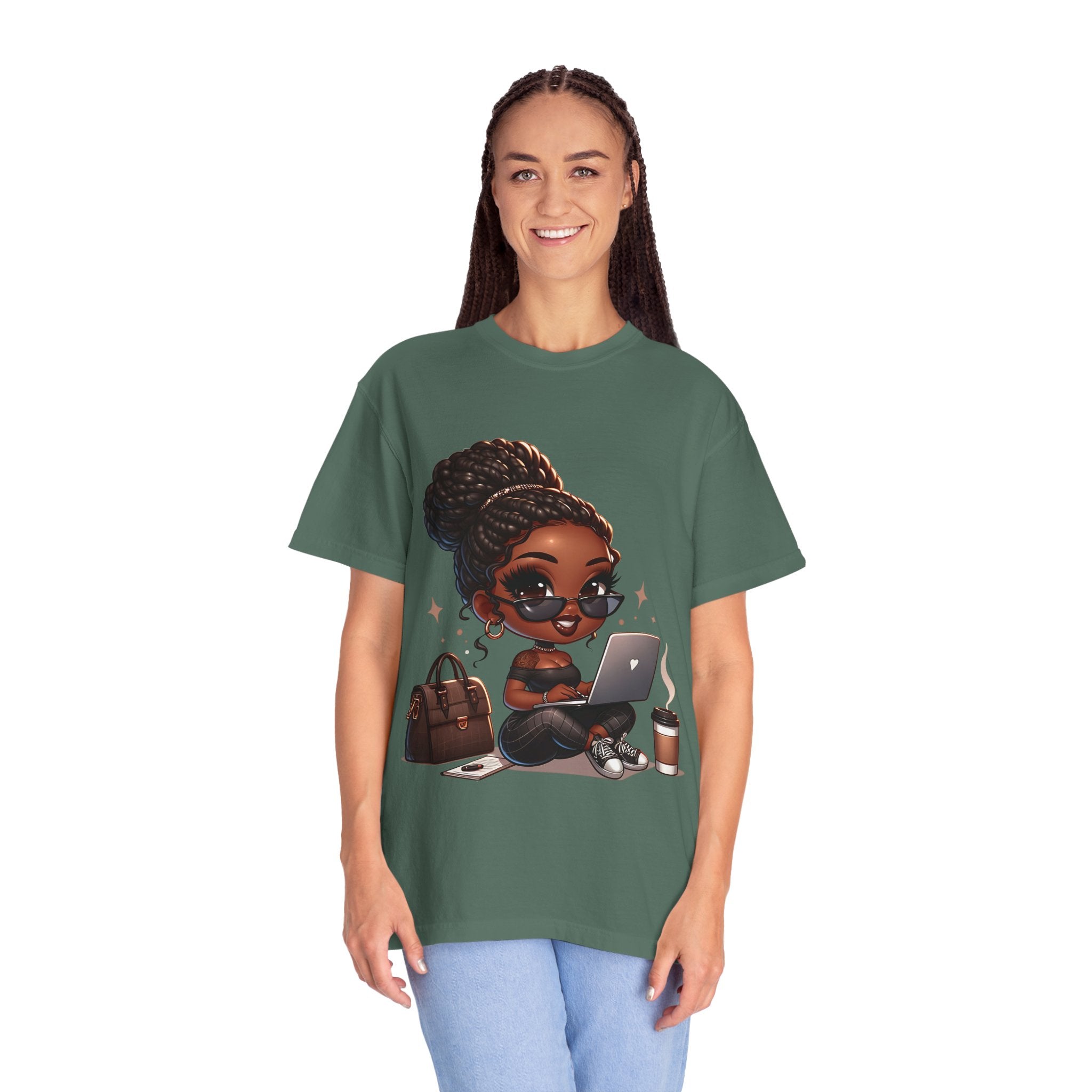 T-Shirt — Boss Babe Remote Worker Graphic Tee (Coffee, Laptop & Chic Accessories)