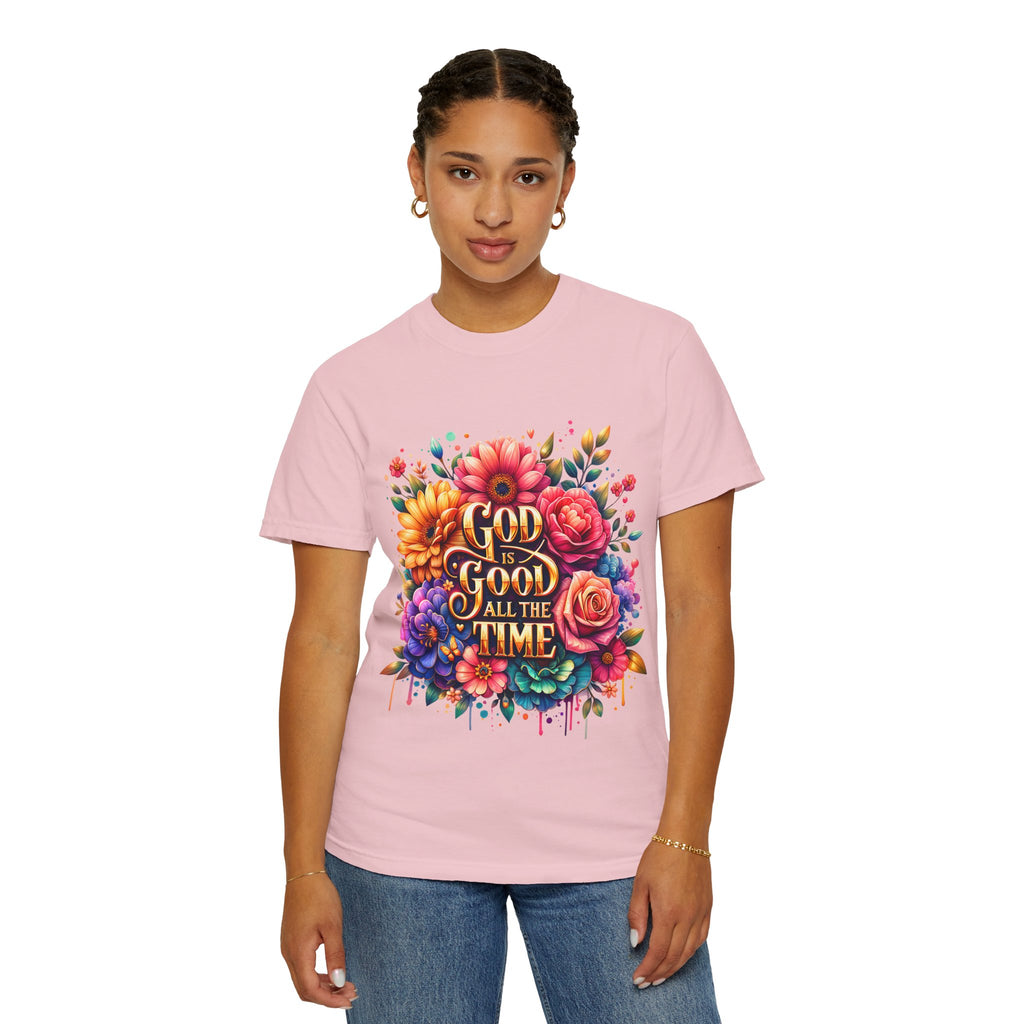 Christian T-Shirt — "God Is Good All The Time" Floral Faith Tee