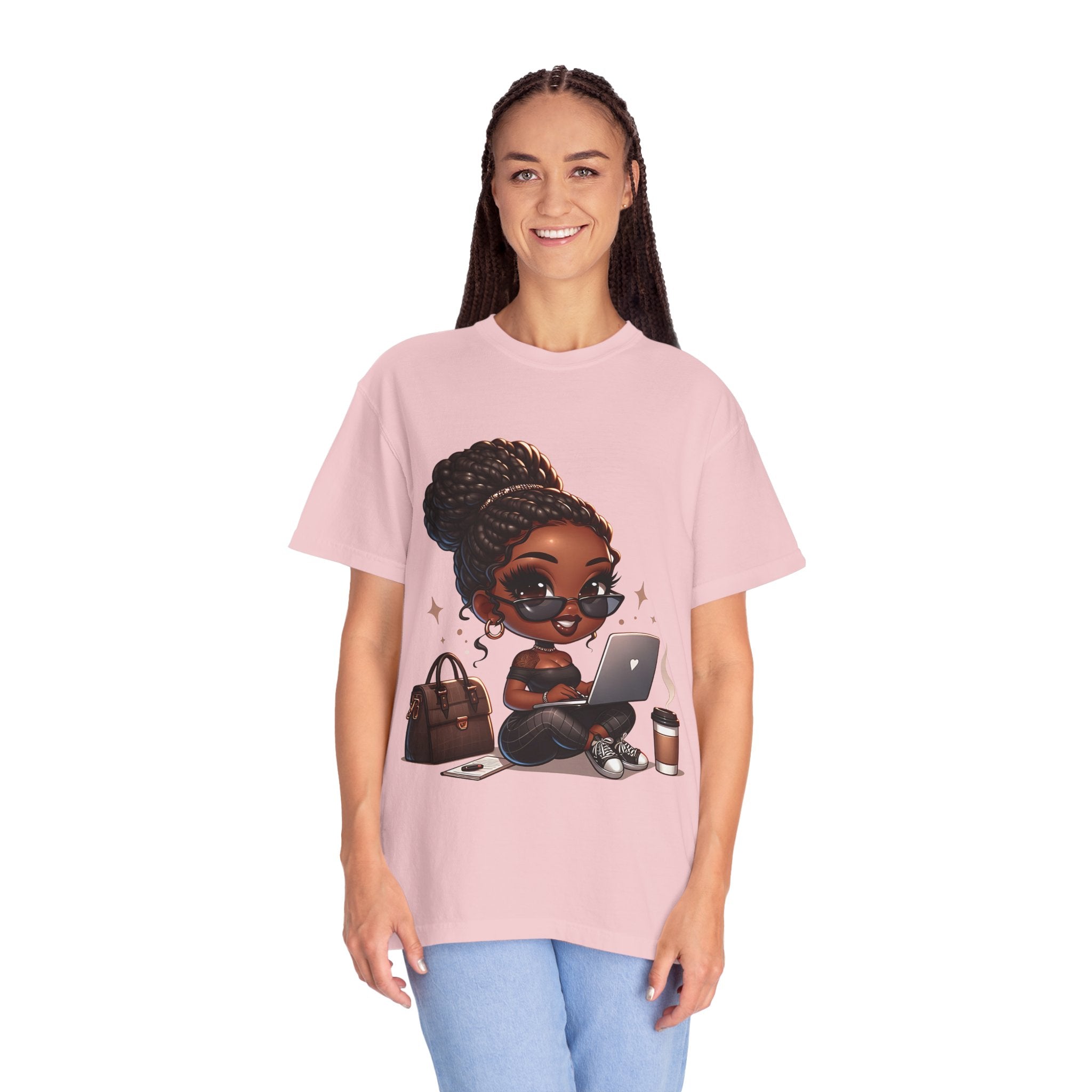 T-Shirt — Boss Babe Remote Worker Graphic Tee (Coffee, Laptop & Chic Accessories)