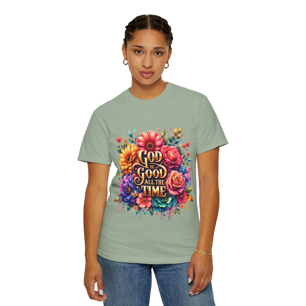 Christian T-Shirt — "God Is Good All The Time" Floral Faith Tee