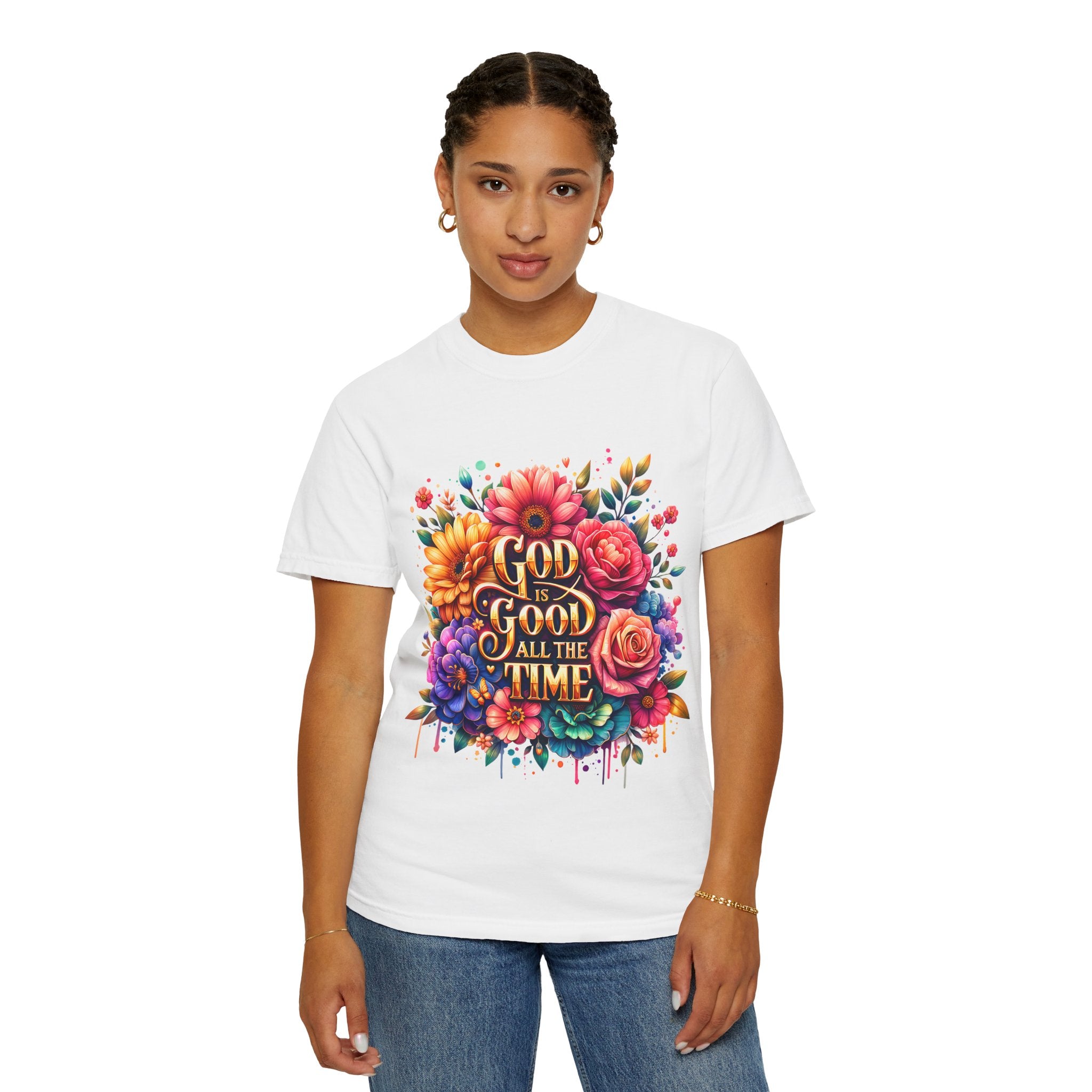 Christian T-Shirt — "God Is Good All The Time" Floral Faith Tee